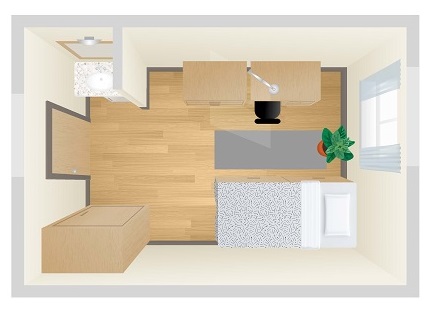 Floor plan of single room showing one single bed, a desk, chair, wardrobe and vanity.