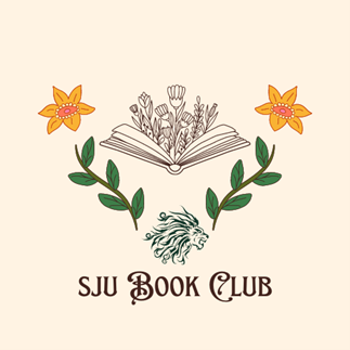 Ornate script reads SJU Book Club below a design of flowers, vines, a book, and the SJU lion.