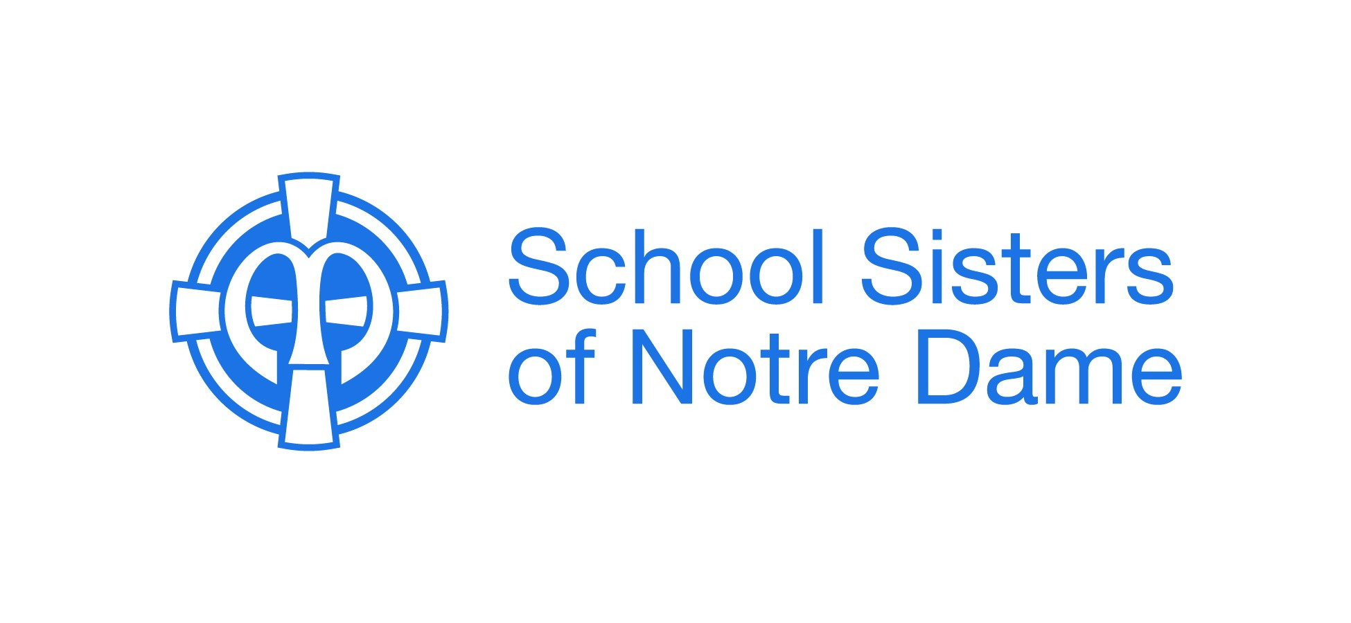 A stylized cross in denim blue with the wrods School Sisters of Notre Dame set on two lines beside it.