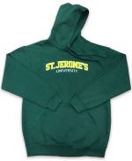 A flat lay green hoodie with the sleeves folded across the torso and St. Jerome's University embroidered across the chest in an arc